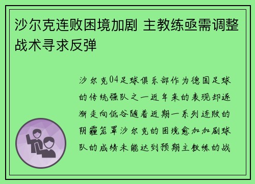 沙尔克连败困境加剧 主教练亟需调整战术寻求反弹