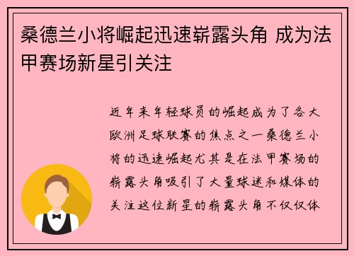 桑德兰小将崛起迅速崭露头角 成为法甲赛场新星引关注